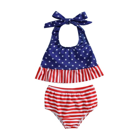 

Deals! 4th of July Toddler Baby Girls Summer Swimsuit Sleeveless Striped Star Print Swimwear Two-Piece Suit Beach Bikini Independence Day 4th of July Baby Girl Outfits Suit For 18 Months-6 Years