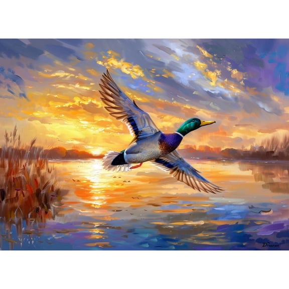 Sunset Flying Mallard Cross Lake 5D Diamond Art Painting by Number Kits for Adults DIY Paint with Round Full Drill Diamond Gems Painting Art Craft for Home Wall Decor 11.8x15.8in(2)