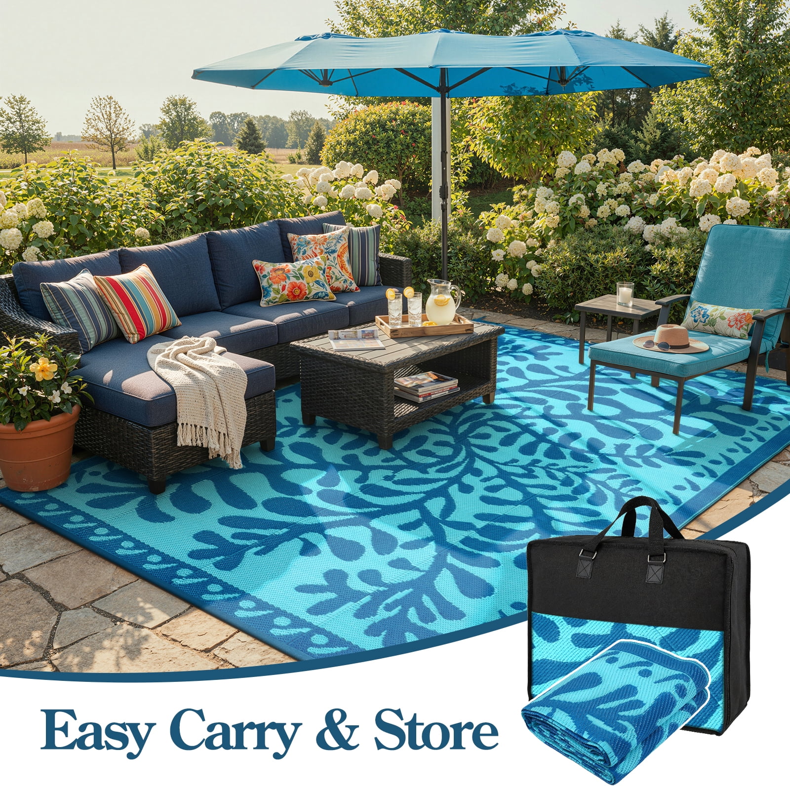 SUNDEREY 6’X9’Outdoor Rug for Patio,Waterproof Beach Mats, Seaweed Pattern Plastic Straw Outdoor Rugs for RV Patio Deck Beach Porch Backyard,Blue