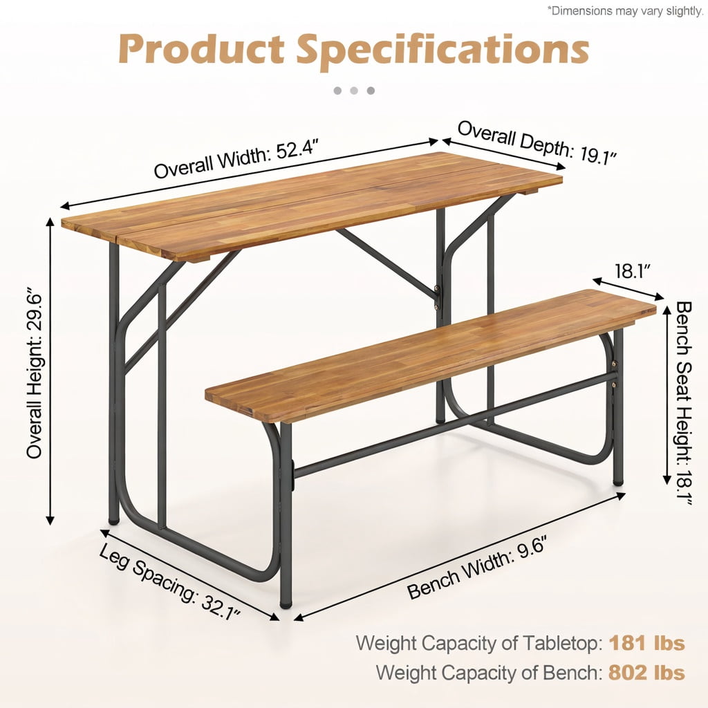 Hommoo Acacia Wood Outdoor Picnic Table & Bench Set for 2, Heavy-Duty Metal Frame, 52-inch Seating, Ideal for Backyard, Patio, Balcony, Black & Natural
