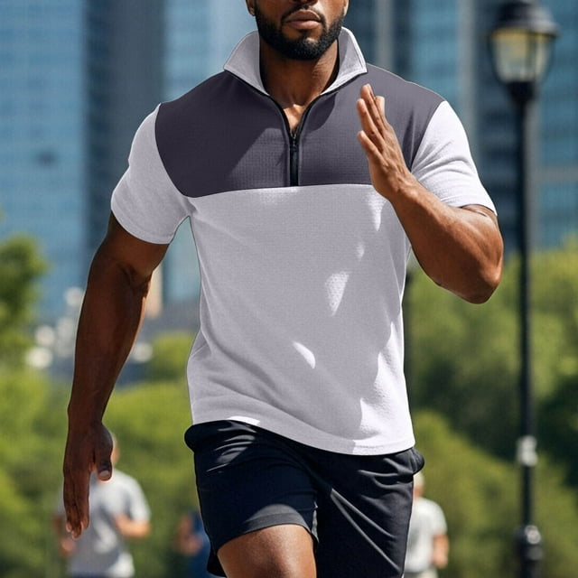 Ceisia Men's Slim Fit Short Sleeve Half-Zip Color-Blocked Top Waffle-Knit Texture Spring Summer Shirt Gift