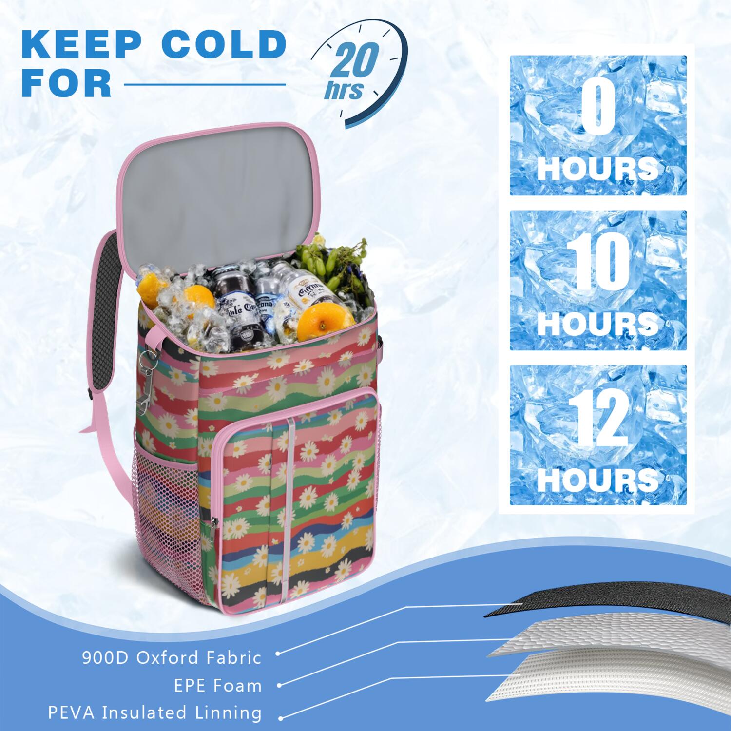Travel Cooler Bag - Pioneer Flower Camping Beer Cooler Backpack with Bottle Opener- Waterproof Insulated Picnic Backpacks - Cooler Bag for Beach