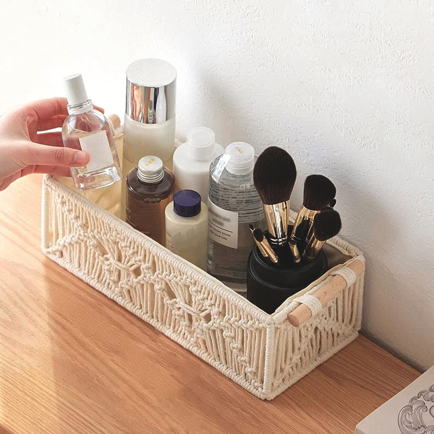 Kvago Macrame Storage Basket Boho Decor Bathroom Baskets for Organizing, Toilet Tank Basket for Bathroom Woven Decor Basket with Handle Bedroom Nursery Living Room Entryway (Beige)