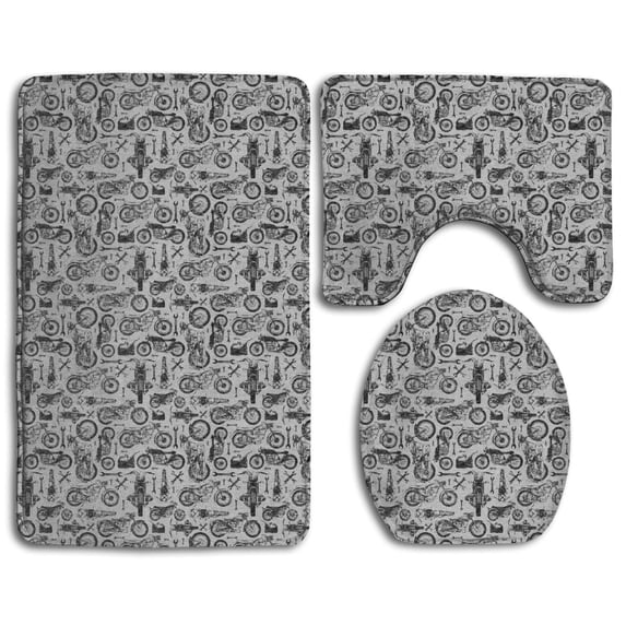 CHAPLLE Black and White Motorcycle 3 Piece Bathroom Rugs Set Bath Rug Contour Mat and Toilet Lid Cover