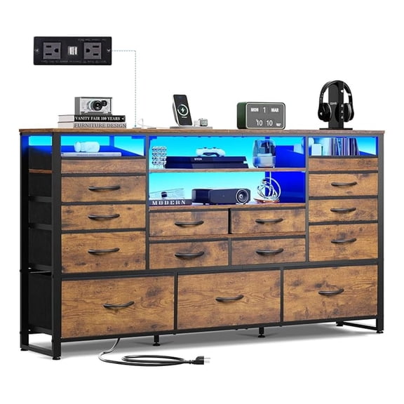 TV Stand for 55, 60, 65 inch TV, Entertainment Center with & Charging Station, TV Media Console Table with 15 Fabric Drawers and Open Shelves for Living Room, Hallway, Rustic Brown