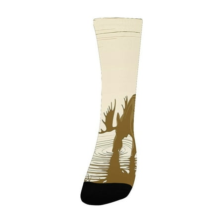 

Animal Silhouette of Elk Drinking Water in Lake River Wildlife Scenery Illustration es Cream Sepia Women s Custom Socks (Made In USA)