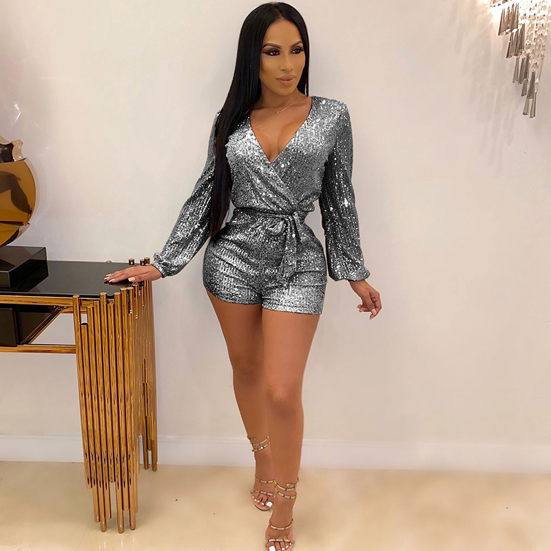 Women Sequin Jumpsuit Solid Color V 