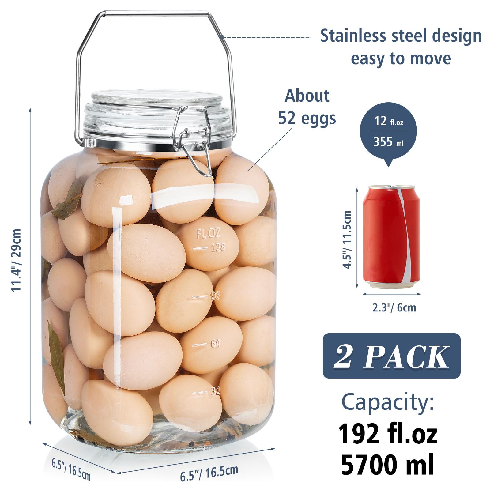 Syntic 2 Pack 1.5 Gallon Glass Jar with Airtight Lid, 192 oz Square Wide Mouth Mason Jars with Stainless Steel Handle, Large Glass Storage Containers for Canning, Flour, Sugar, Rice, Pickled Eggs