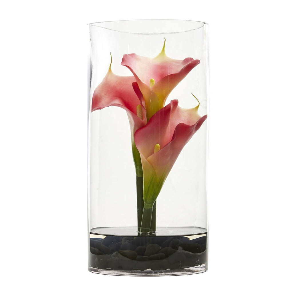 Nearly Natural 12 in. Calla Lily Artificial Arrangement in Cylinder Glass Vase