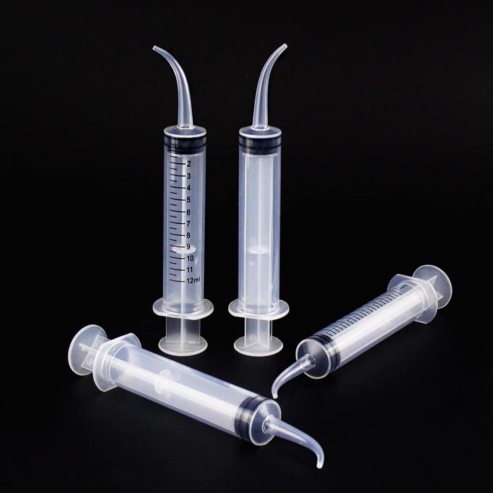 Airgoesin Graduated Curved Dental Irrigation Syringe Oral Irrigator with Curved Tips for Crowns, Bridges, Tonsil Stone, Socket Cavity 12ml Measue and Fill with Box (4 Syringes)