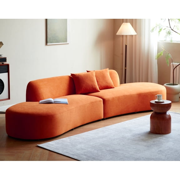 132" Curved Sofa with Throw Pillows, 6 Seater Luxury Velvet Couch with Half Moon Design and High-Density Foam, Ideal for Modern Living Room, Office & Apartment, Red Orange