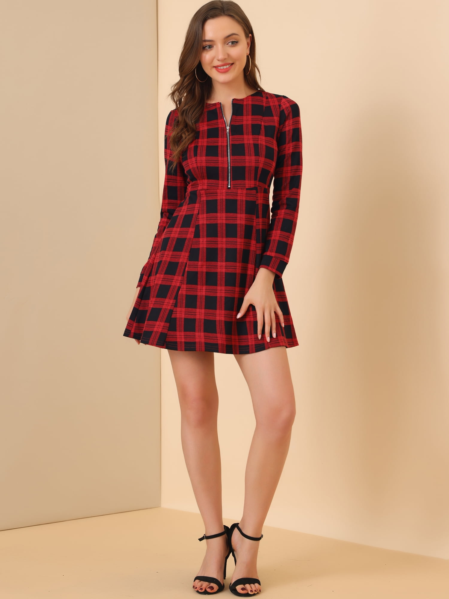 Unique Bargains Women's Plaid Vintage Zip up Long Sleeve Fit and Flare Mini Dress M Red