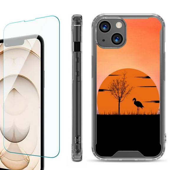 Shockproof Bumper Phone Case for iPhone 13, with Tempered Glass Screen Protector, by OneToughShield ® - Sunset Flamingo