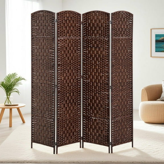 Resenkos 4-Panel Folding Room Divider Privacy Screen - 6FT Tall Portable Wicker Weave, for Bedroom/Home Office, Brown
