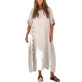 thumbnail image 2 of Women's Linen Blend Slit Dress, Round Neck Short Sleeve Long Loose Fit Shift Dress, Breathable Casual Sundress for Summer Travel or Daily Wear,Beige - S, 2 of 5
