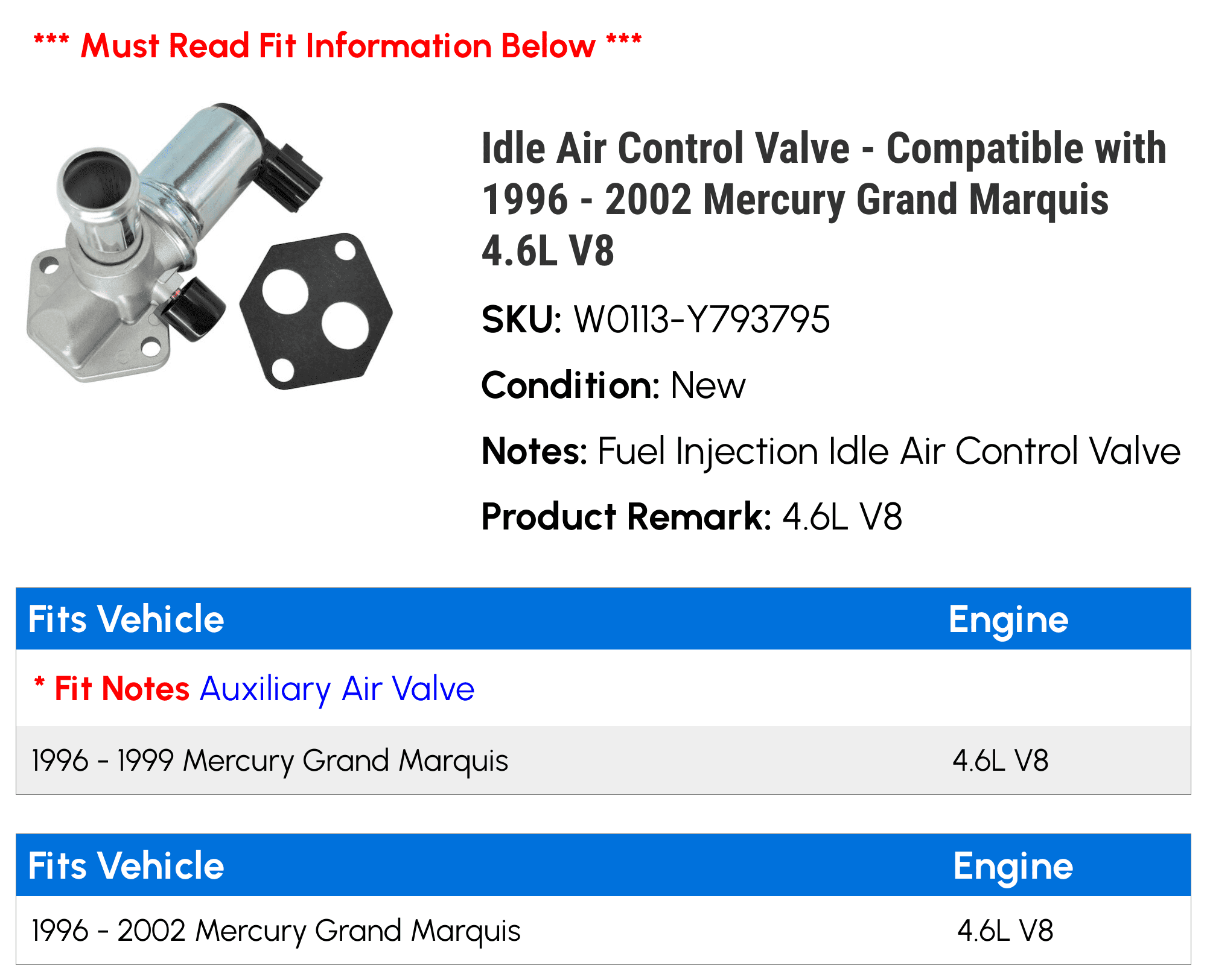 Idle Air Control Valve - Compatible with 1996 - 2002 Mercury Grand Marquis 4.6L V8 1997 1998 1999 2000 2001
