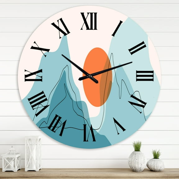 Designart 'Red Moon Over Abstract Blue Mountains I' Modern Wall Clock