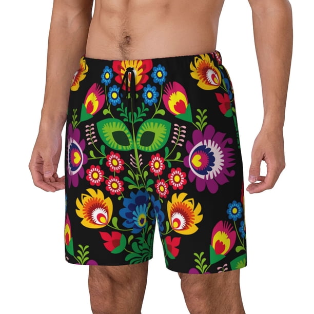 Balery Traditional Floral Polish Bañador para hombre, shorts de playa de secado rápido con entrepierna y forro de compresión-Small