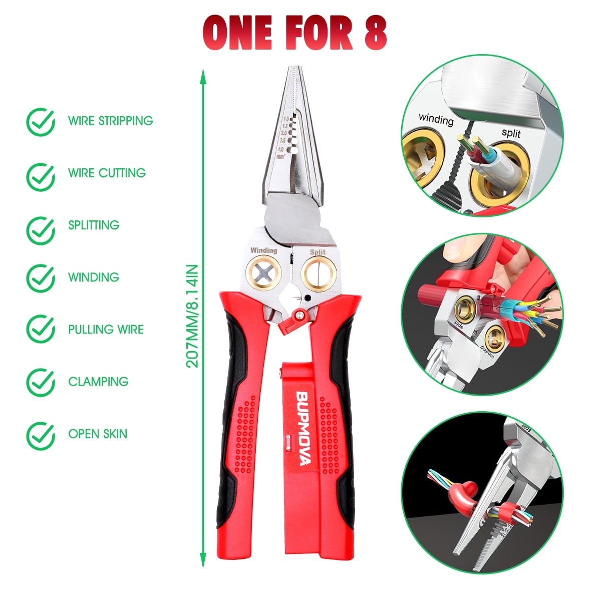 BUPMOVA 8-in-1 Wire Stripper/Cutter with Voltage Tester, Cable Strippers/Cutters with Plier, Crimper(12-250V), Splitting, Wire Stripping Tools for 10-18 AWG for Electrician Work, Car Repair, DIY Tool