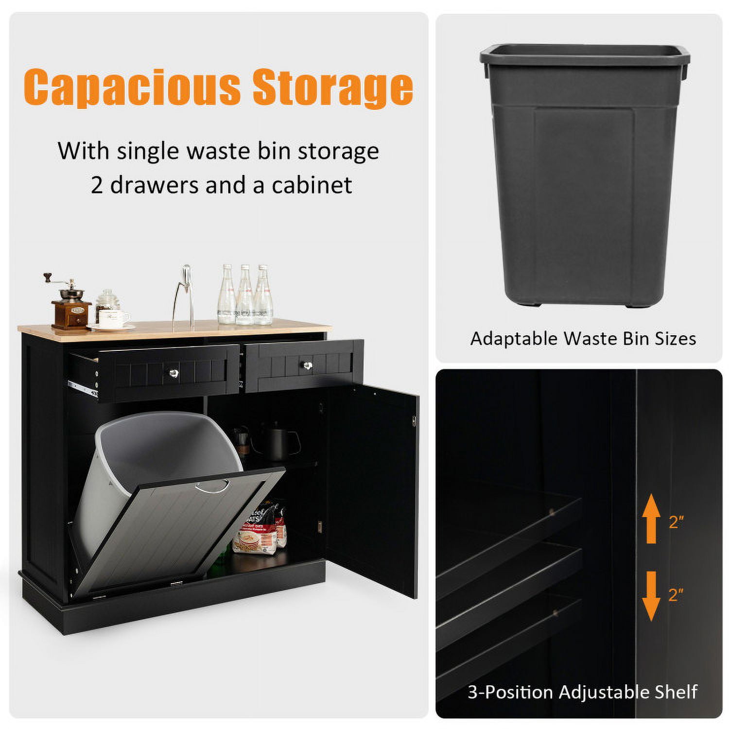 Finihen Kitchen Storage Cabinet, Buffet Sideboard, Rubber Wood Kitchen Trash Cabinet with Single Trash Can Holder and Adjustable Shelf, for Dining Room, Kitchen, Living Room, Black Finihen Kitchen Storage Cabinet, Buffet Sideboard, Rubber Wood Kitchen Trash Cabinet with Single Trash Can Holder and Adjustable Shelf, for Dining Room, Kitchen, Living Room, Black