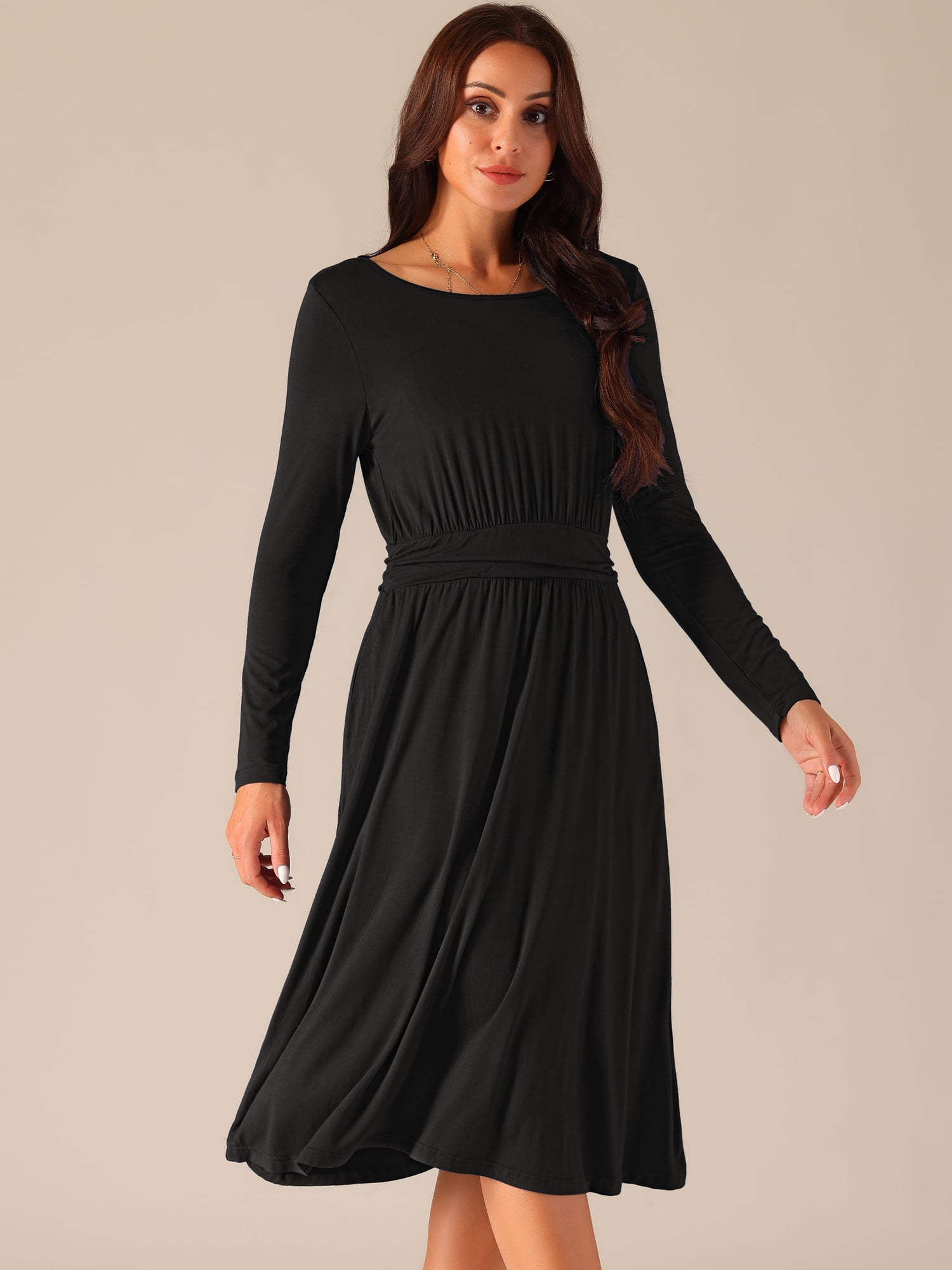DARING DIVA Crew Neck Long Midi Sleeve Dress with Pockets M Black