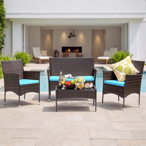 Lacoo 4 Piece Outdoor Patio Furniture PE Rattan Wicker Table and Chairs Set with Cushions, Blue