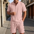 thumbnail image 2 of JAJAHO Mens Shorts Set Linen Short Sleeve Solid Color Stand Collar Shirt With Shorts Casual Summer Outfits Lightweight Breathable Beach Clothes Soft Outfit, 2 of 4