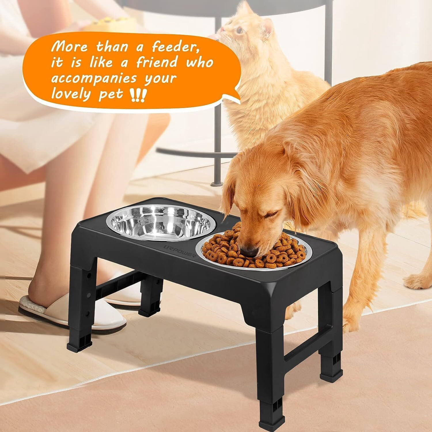 Elevated Dog Feeder Bowls Stand with 2 Stainless Steel Dishes, Raised Dog Bowl Adjusts to 4 Heights for Medium and Large Dogs or Cats（Black）