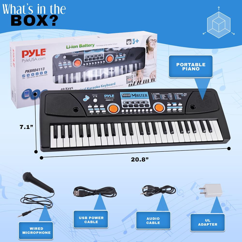 Digital Musical Karaoke Keyboard - Portable Electronic Piano Keyboard with Built-in Rechargeable Battery & Wired Microphone (49 Keys)
