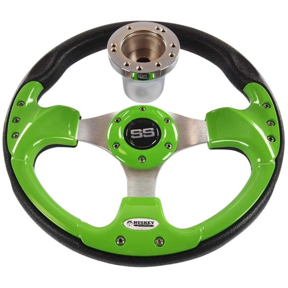 Huskey 12.5 Pouces Style Course Vert Lime Chariot de Golf Volant pour Modèles EZGO 1994-Up Gaz & Électrique, Style Course, Logo Super Sport Center, Rayons en Aluminium Brossé et Poignée Antidérapante