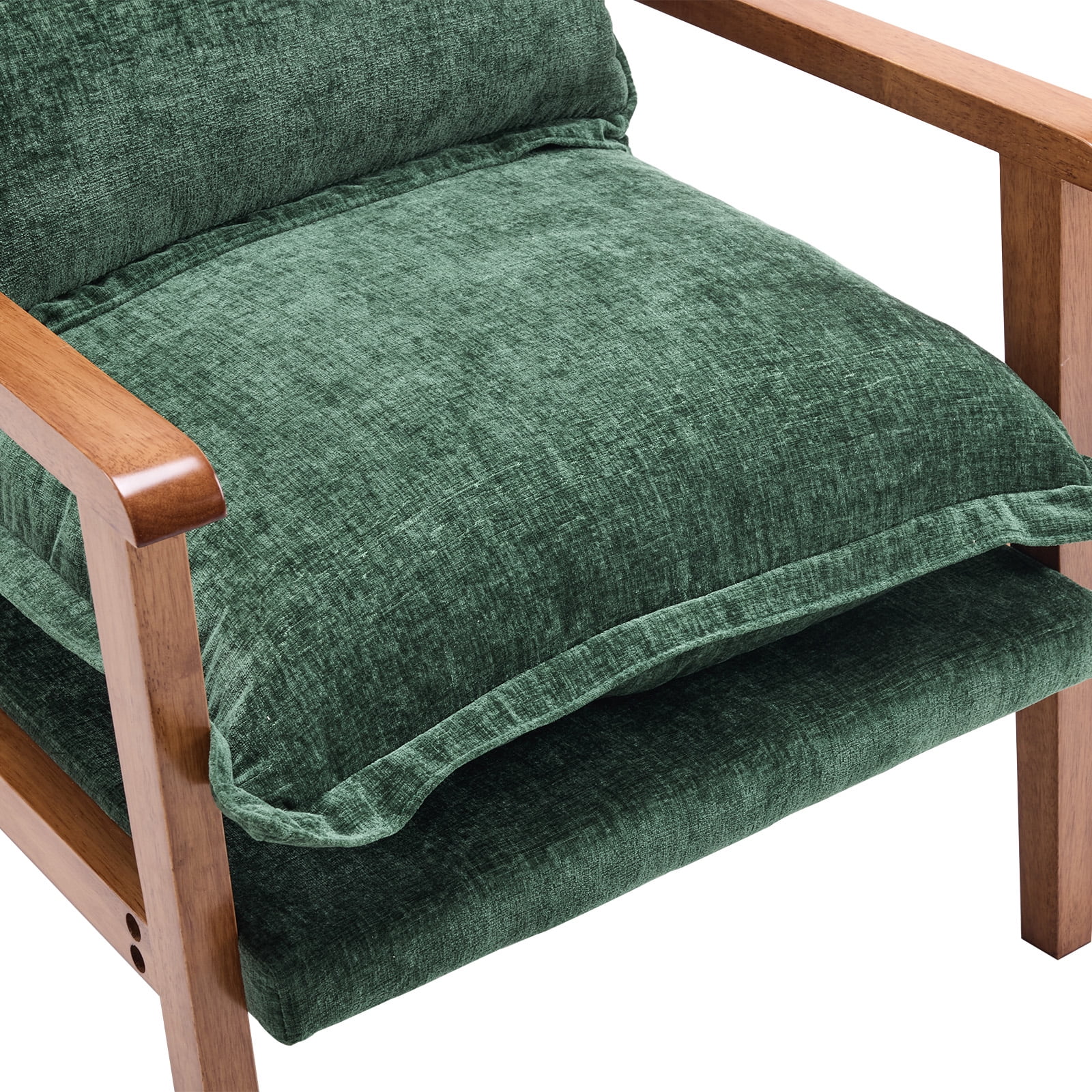 Cloud Shaped Dark Green Chenille Accent Chair, Solid Wood Frame with Walnut Armrest, Ergonomic Single Leisure Sofa Chair with Lumbar Pillow for Bedroom Living Room Office