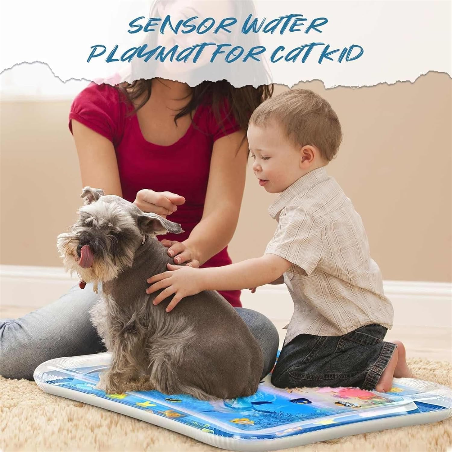 Pet Water Sensory Mat - 2024 New Cat Water Play Mat Indoor Interactive, Baby Tummy Time Water Play Mat, Inflatable Water Squishy Pad Playmat Pool Activity Toy Cat Splash Play Cooling Mat with Fish