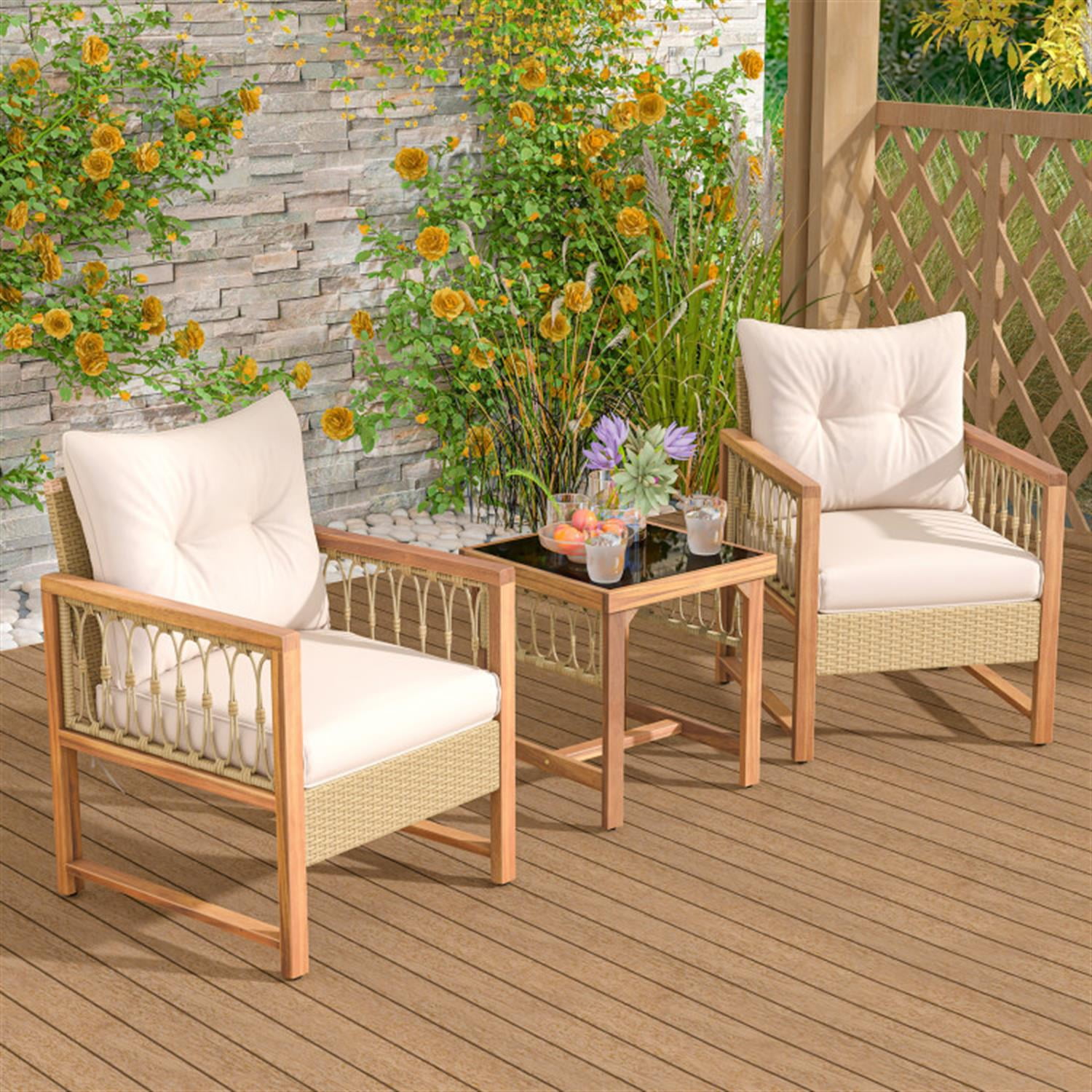 Demi Bonn 3 Pieces Patio Furniture Set with Acacia Wood Frame Cushions, Conversation Armchairs for Garden Poolside Balcony, Brown
