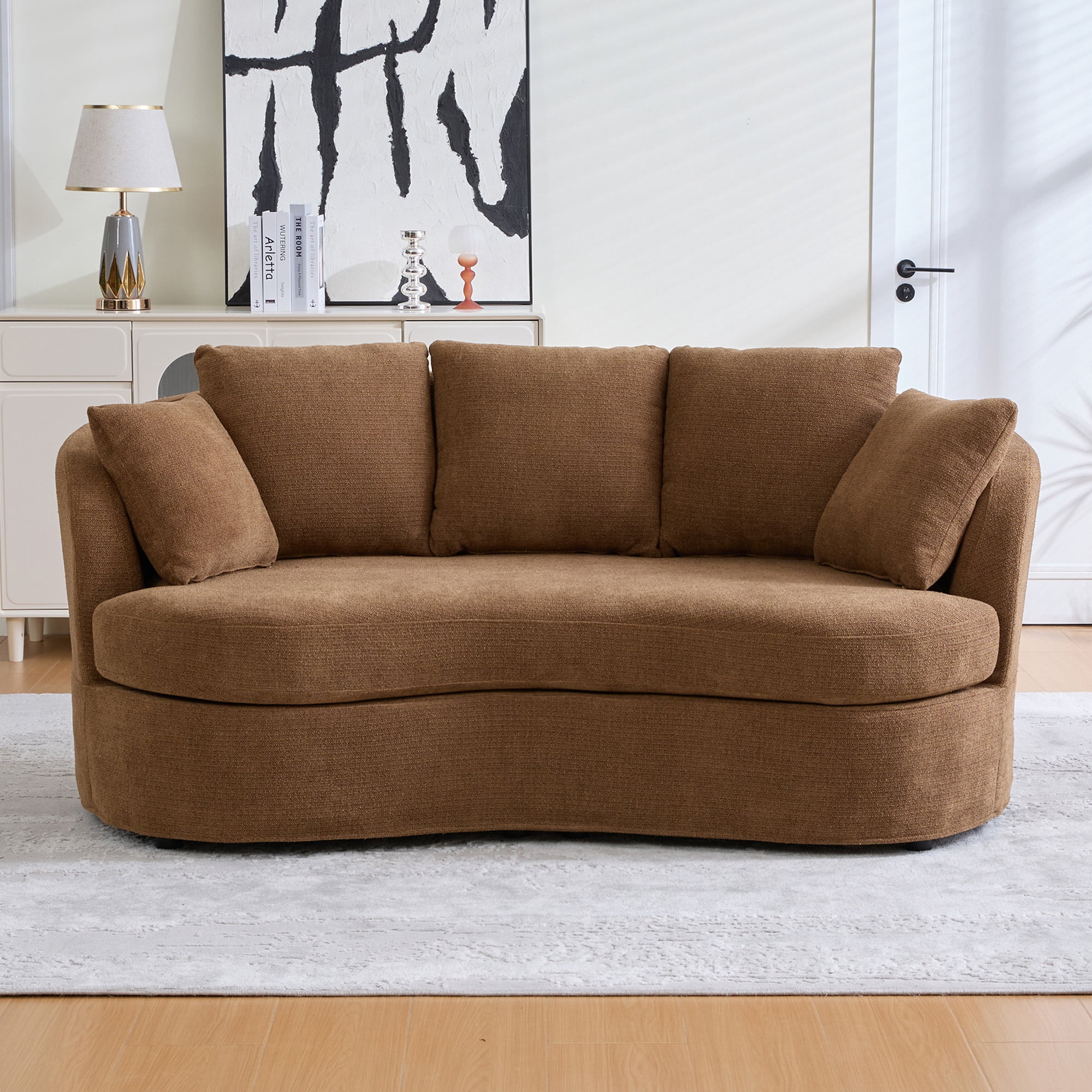 Arouseden 74" Curved Sofa for Small Spaces,Curved Loveseat Couch with 3 Cushions and 2 Throw Pillows,Chenille Loveseat with Curved Backrest,2 Seater Sofas Couch for Living Room(Curved/Camel)