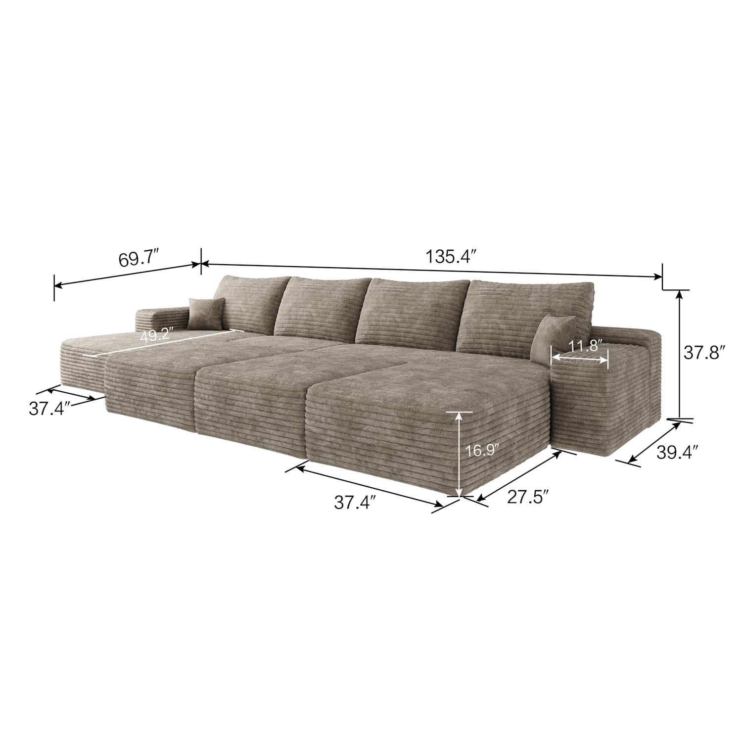 Demi Bonn 135" Spacious Modular Cloud Sofa, Plush Corduroy Fabric, 6 Seats Convertible Sofa Bed for Living Room & Apartment, Down-Filled, No Assembly, Left Chaise Beige