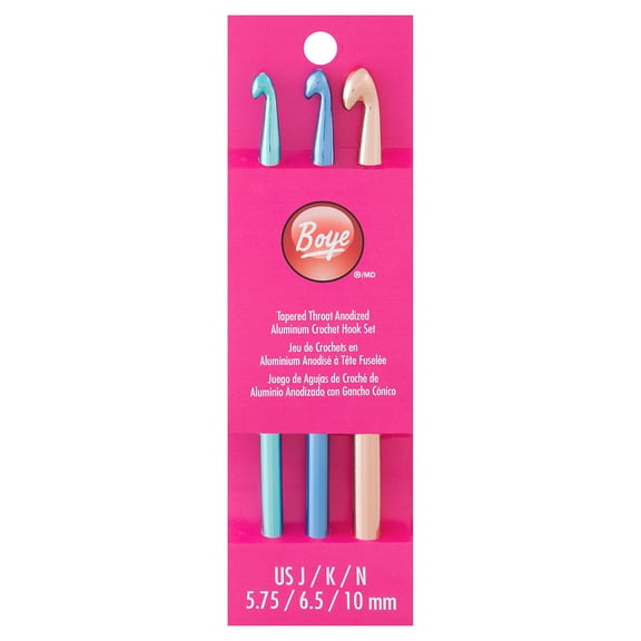 Simplicity Boye Tapered Throat Anodized Aluminum Crochet Hook Set, US Sizes J K and N Multicolor
