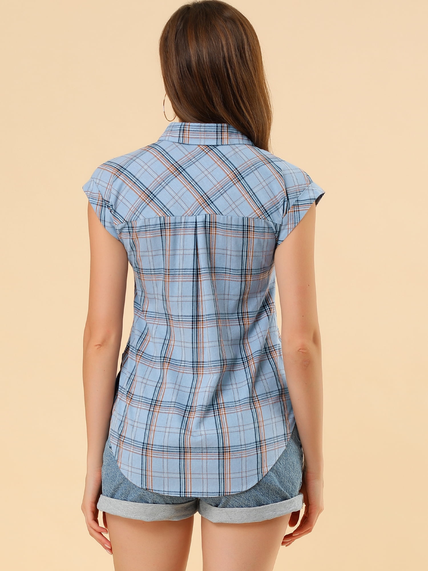 DARING DIVA Women's Summer Plaid Short Sleeves Button Down Shirts 3XL Blue