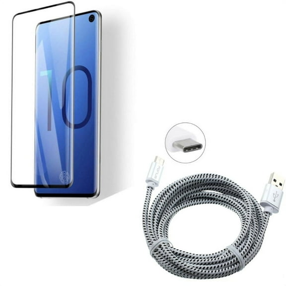 Galaxy S10 Tempered Glass Screen Protector w Type-C 6ft USB Cable - [Fingerprint Works] 3D Curved Edge Full Cover HD Clear, Charger Cord Power Wire USB-C for Samsung Galaxy S10 Phone