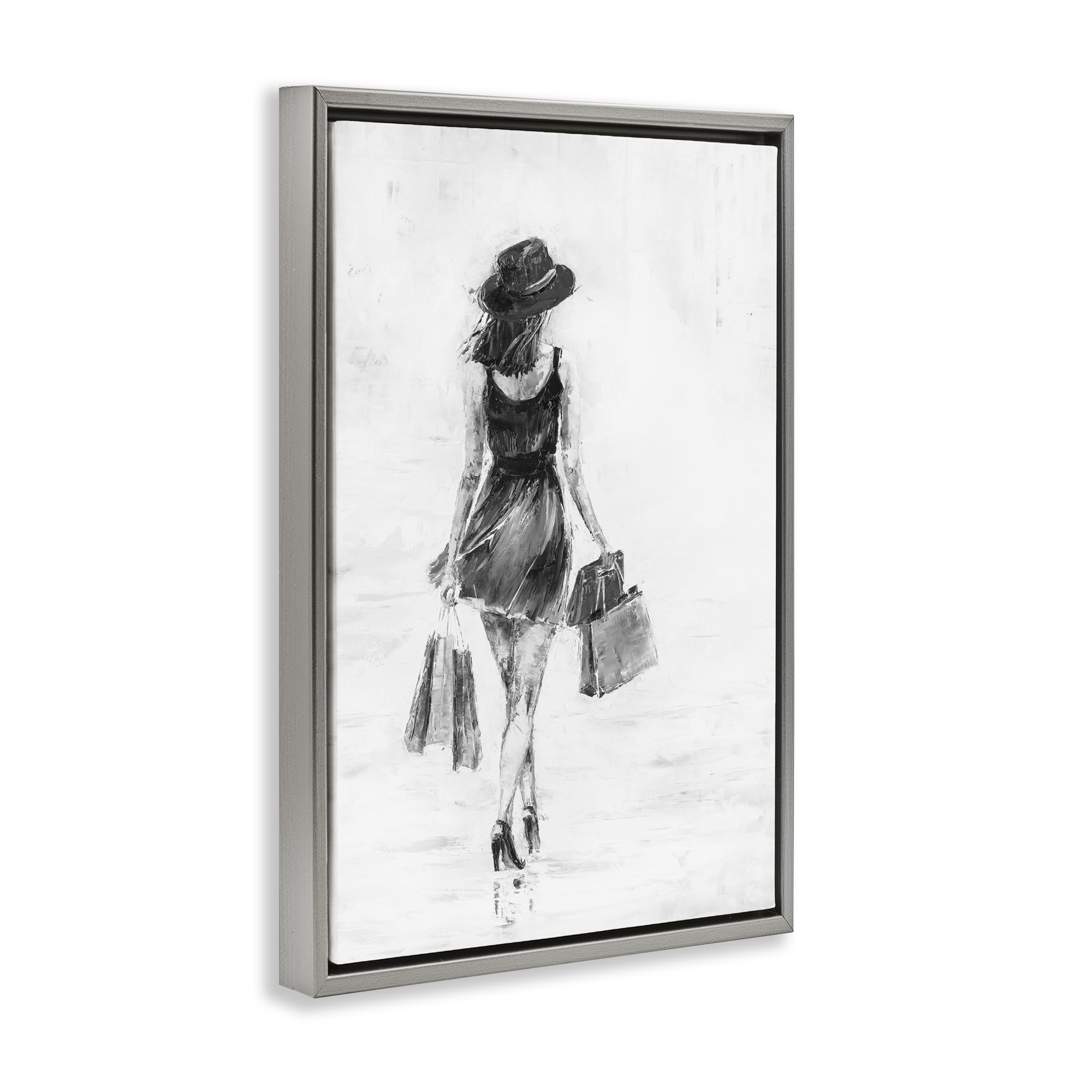 Stupell Industries Girl with Shopping Bags Novelty Painting Gray Floater Framed Art Print Wall Art, 17 x 25