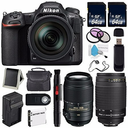 Nikon D500 DSLR Camera with 16-80mm Lens (International Model) No Warranty + Nikon AF-S DX 55-300mm f/4.5-5.6G ED VR Lens + Nikon 70-300mm f/4.0-5.6G Lens + Carrying Case