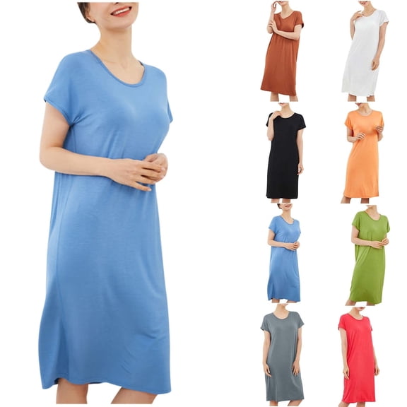 ATENAR Womens Nightgown,Cotton Nightgowns for Plus Size Women,Easy Care,Moisture Wicking,Crew Neck,Blue,M
