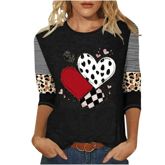 Plus Size Valentines Tops for Womens Cute Going Out Tee Plaid Leopard Heart 3/4 Sleeve Shirt Blouse