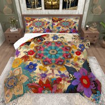 Homewish Boho Bohemain Flower Full Size Comforter Sets,Vintage Countryside Floral Bedding Comforter Set,Watercolor Rustic Plant Bedding Sets For Girls Kids,Breathable Home Decor Reversible,3 Pieces