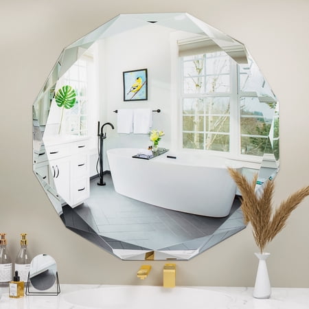 Condition photo showing New/Like New for antok 30 inch circle beveled edge frameless bathroom vanity mirror  wall mount mirror for bathroom  round decorative mirror  hd silver