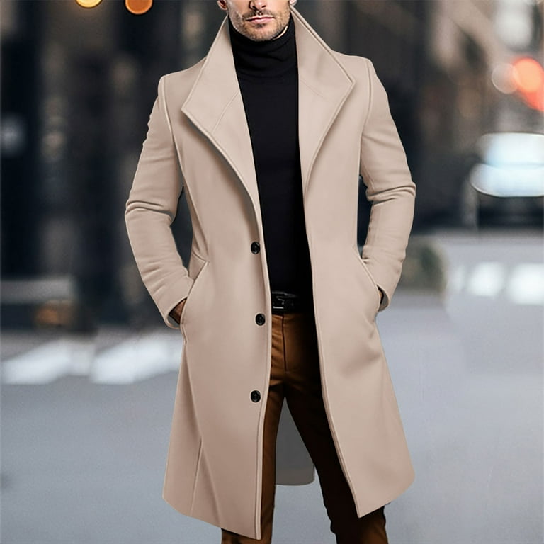 LNWUY Men's Long Trench Coat, Single-Breasted Notched Collar