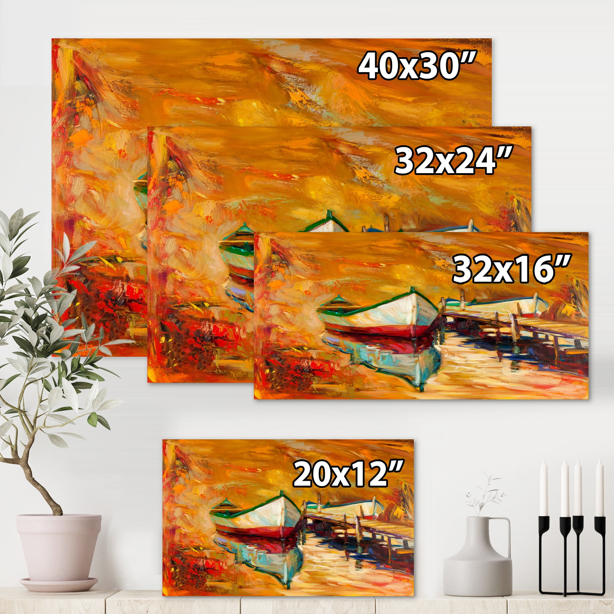 Designart ' Red and White Boats By The Pier ' Nautical & Coastal Canvas Wall Art Print