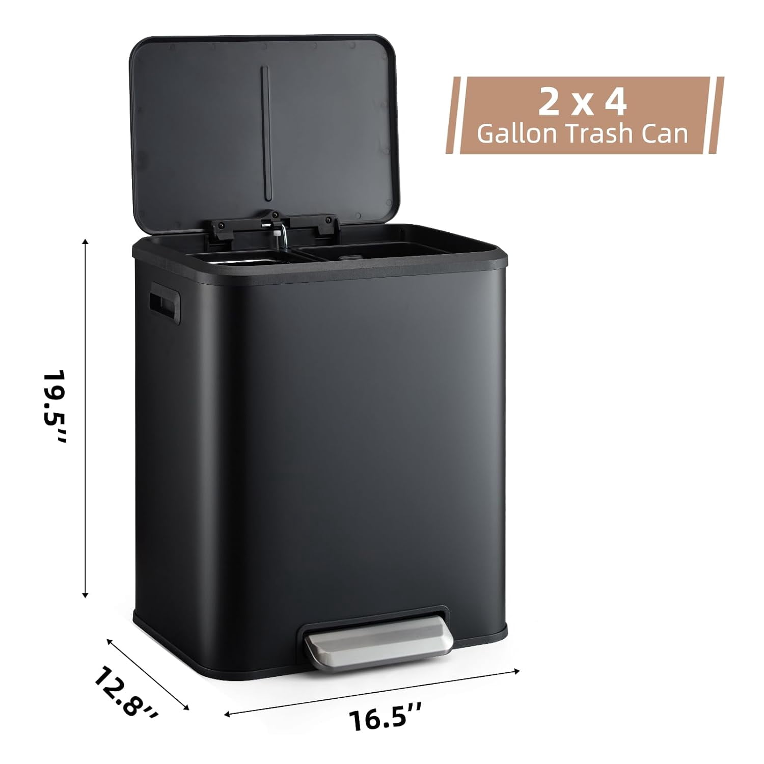 Dual Trash Can for Recycling and Trash,2 x 4 Gal Garbage Can for Kitchen,Metal 30-Liter Dual Compartment Step Trash Can,Removable Liner Buckets