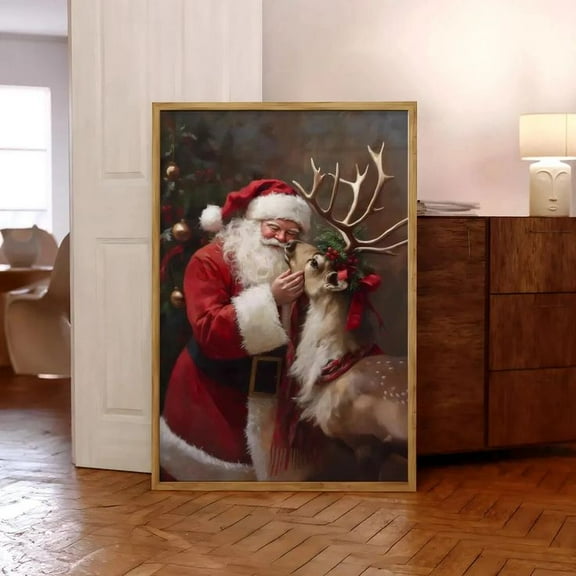 Vintage Santa and Reindeer Winter Holiday Wall Art Poster Size 24''x36''-Gategoo
