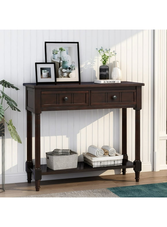 35.5 Inch Antique Entry Console Table with Drawers & Bottom Open Shelf, Solid Wood Sofa Couch Table for Entryway Hallway Living Room (Espresso)