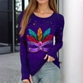 thumbnail image 2 of Womens Mardi Gras Shirts Feathers Print Glitter Crew Neck Tops Sparkly Long Sleeve Gold Graphic Tee Purple S, 2 of 5